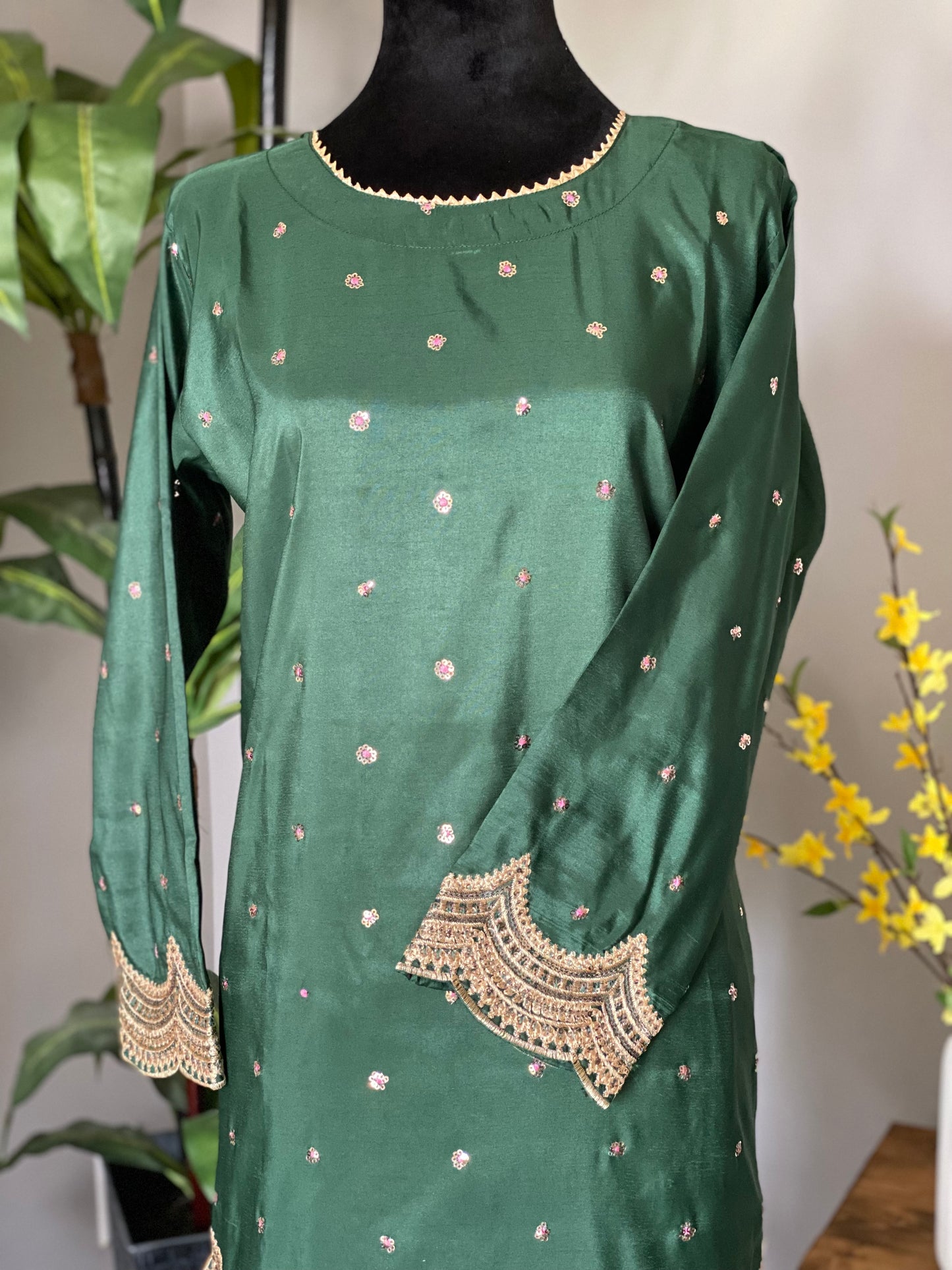 Embroidered Silk Sharara dress - Green