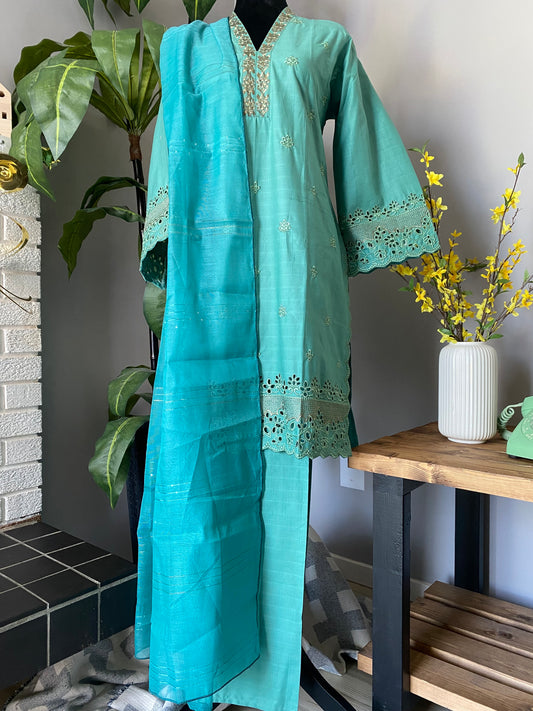 Embroidered Cotton 3-piece AQUAMARINE BLUE