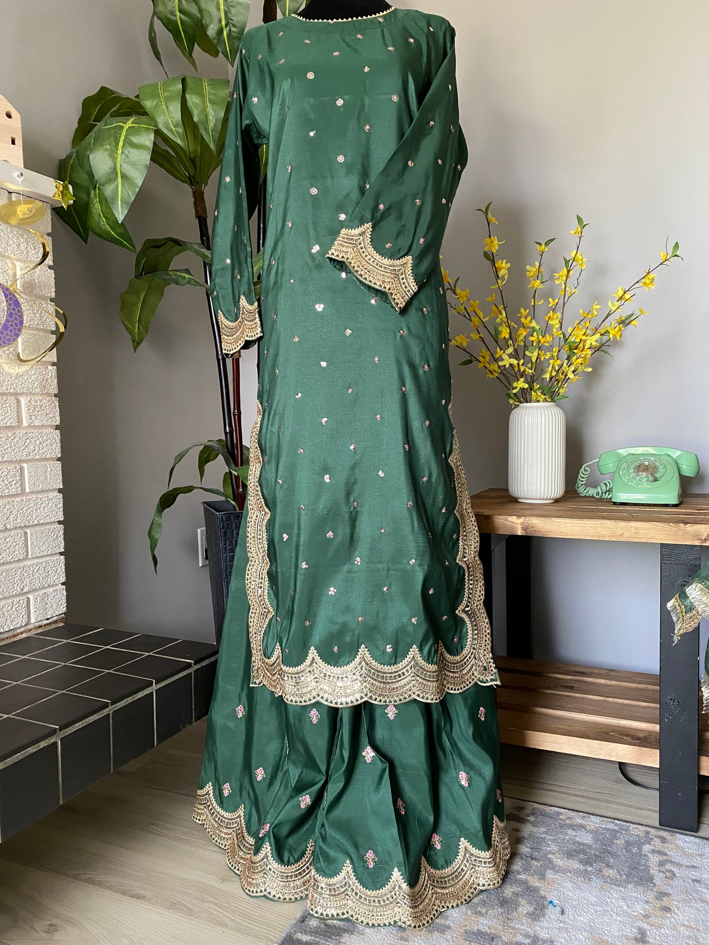 Embroidered Silk Sharara dress - Green