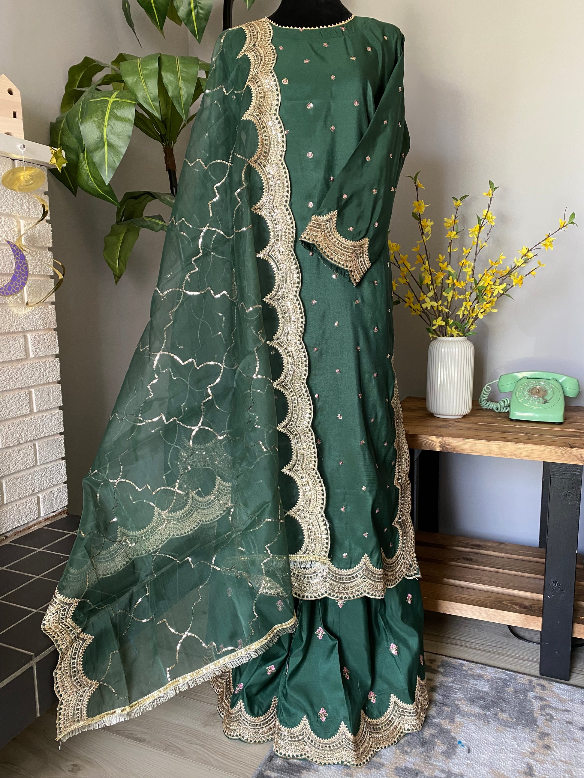 Embroidered Silk Sharara dress - Green Zaree Embroidered Silk Sharara dress - Green Zaree